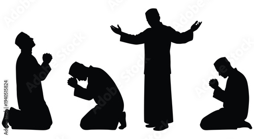 Muslim men in prayer different poses depicted in black silhouette