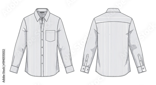 Technical illustration of a striped dress shirt displaying front and back views in a clean silhouette high quality professional detailed modern