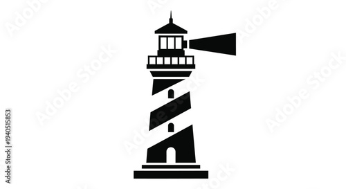 Black and white lighthouse illustration with a striking spiral staircase silhouette