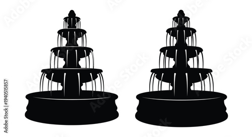 Two tiered fountains displayed in striking black silhouette