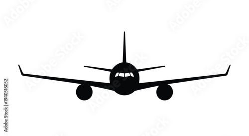 Front view of a commercial airplane in dark bold silhouette