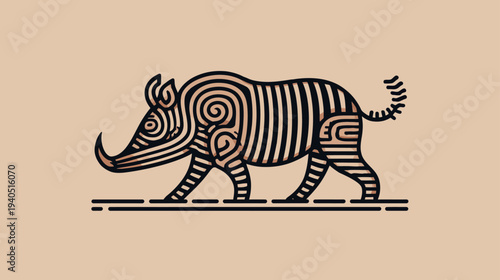 Stylized rhinoceros illustration with intricate linear patterns on a neutral beige background. Abstract line art rhino walking side view graphic.