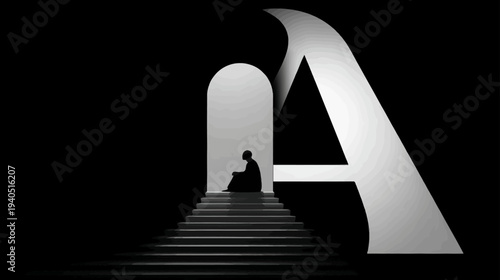 Conceptual monochrome image of a silhouetted figure sitting on steps within a dramatic letter A gateway, representing introspection and choice.