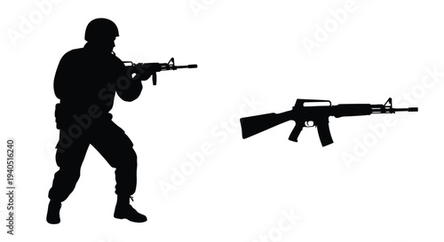 Soldier with rifle and separate weapon depiction stark black silhouette