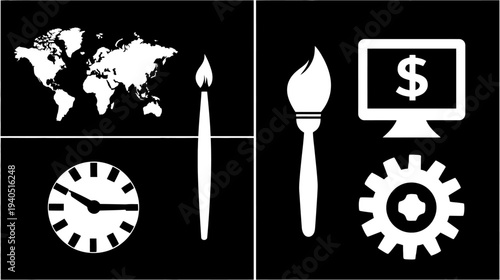 Creative business strategy concept featuring global reach, time, digital finance, and operational processes.