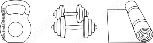 A set of fitness equipment including a kettlebell and dumbbell