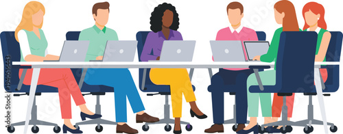 Business team meeting illustration with diverse professionals collaborating around conference table using laptops representing communication technology and teamwork
