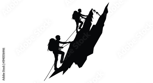 A dynamic black silhouette depicts two rock climbers ascending a steep mountain face showcasing teamwork and adventure silhouette high quality professional