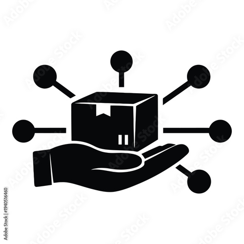 Hand holding box with connected nodes, representing global shipping and distribution networks