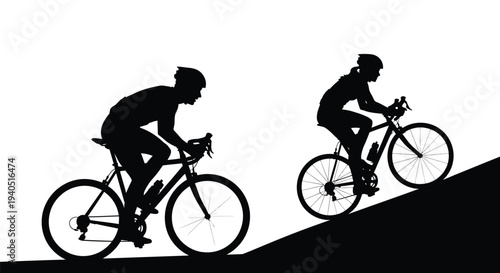 Two cyclists riding uphill depicted as a striking black silhouette
