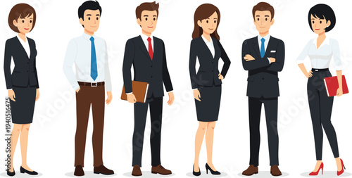 Business team illustration with diverse men and women in formal attire holding folders representing workplace professionalism and corporate success