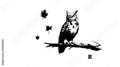 Striking Black and White Illustration of a Majestic Owl Perched on a Tree Branch with Falling Autumn Leaves, Artistic Style