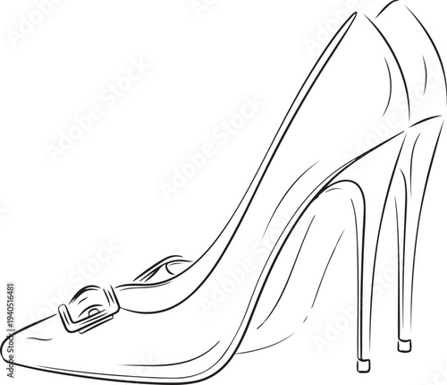 A sleek high-heeled shoe with a buckle on a white background