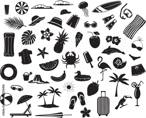 Collection of various black silhouette icons representing summer vacation, travel, and beach activities on a white background for design and creative projects.