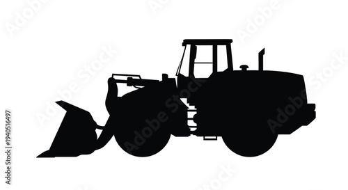 Black silhouette of a front end loader on a white background silhouette