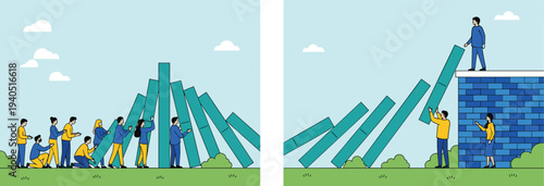 Business teamwork illustration showing professionals stopping falling dominoes with strategic solutions representing problem solving crisis management and prevention