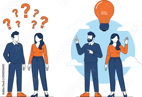 Business teamwork illustration showing professionals transitioning from confusion with question marks to solution idea represented by bright light bulb