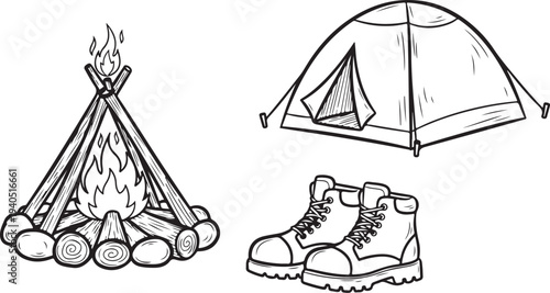 A black and white illustration of camping gear and equipment