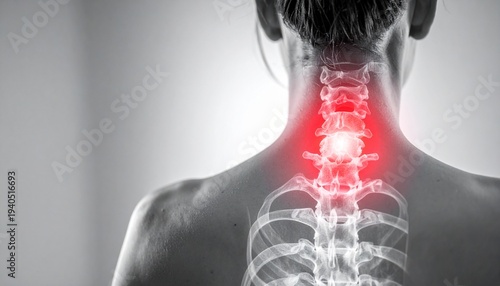 Neck Spine Pain Rear View, Cervical Vertebrae with Red Inflammation Medical Concept