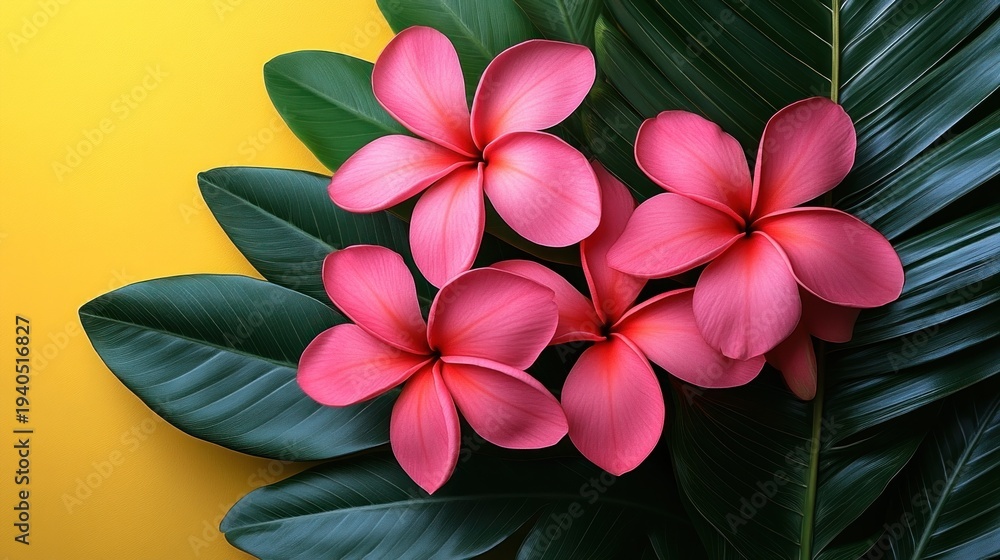 Fototapeta premium Vibrant pink plumeria flowers arranged on lush green tropical leaves against a yellow backdrop