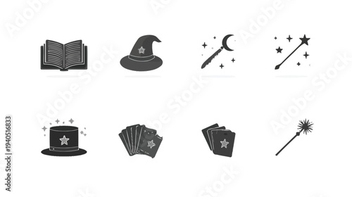 Magic and Wizardry Icons Set. Mystical Elements, Spellbook, Witch Hat, Magician Wand, Top Hat, and Playing Cards. Fantasy Esoteric Symbols.