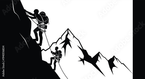 Mountain climbers ascend a steep jagged peak with ropes and gear depicted in a striking silhouette high quality professional detailed modern