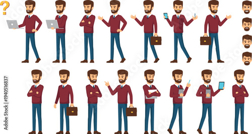 Cartoon business character illustration with multiple poses and facial expressions showing professional activities communication technology and workplace