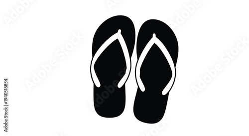 A pair of black flip flops displayed against a white background silhouette