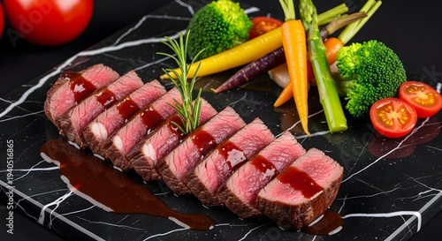 Gourmet Sliced Meat Dish with Garnish on Dark Plate Fine Dining
