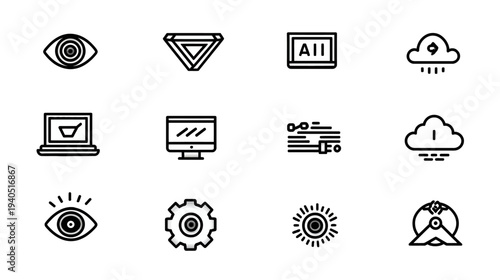 Set of technology and data concept line icons. Digital business, AI, cloud computing, e-commerce, and process symbols.