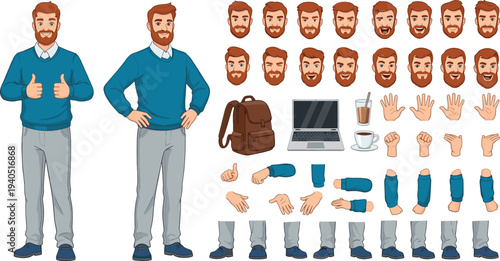 Cartoon business character customization sheet with multiple poses facial expressions accessories gestures and professional activities for animation design