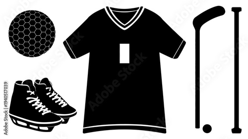 Sports equipment vector silhouette set featuring hockey stick, puck, ice skates, golf ball, and jersey icons