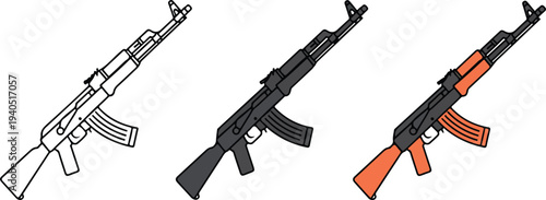 Minimal assault rifle icon set with outline dark gray and orange variations modern firearm illustration isolated on white