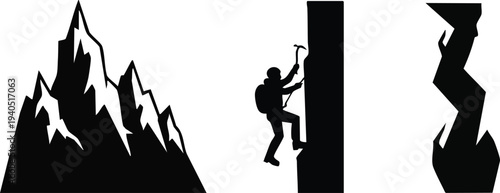 Extreme Mountaineering Silhouette Set: Jagged Alpine Peak, Ice Climber with Pickaxe, and Deep Crevasse Icons