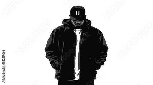 Cool urban street style illustration of an anonymous person in a black hooded jacket and baseball cap, monochrome graphic art.