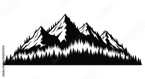 Dramatic mountain range and forest landscape in stark black silhouette