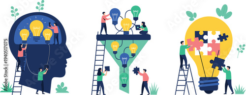 Creative idea generation illustration showing teamwork collaboration and problem solving with light bulbs puzzle pieces and innovation concepts