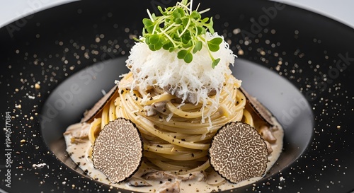 Spaghetti Pasta with Dark Sauce and Herb Garnish on White Plate