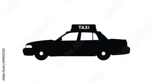 A black silhouette of a classic taxi cab on a white background