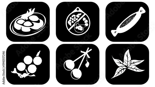 Black and white food and allergy icons set featuring seafood, meat, fruit, herbs, and a 'no nuts' warning symbol