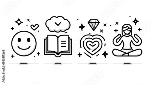Minimalist line art icons depicting mental well-being, self-care, learning, love, mindfulness, and happiness concepts.