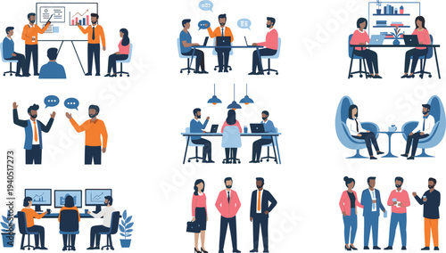 Office workplace illustration showing multiple professional scenarios including meetings presentations teamwork collaboration interviews and communication activities