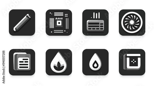 Collection of flat design technology, science, and environmental icons: computer hardware, test tube, water drops