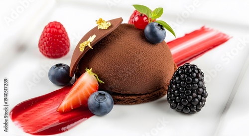 Chocolate Mousse Dessert with Fresh Berries and Cream Elegant Plating