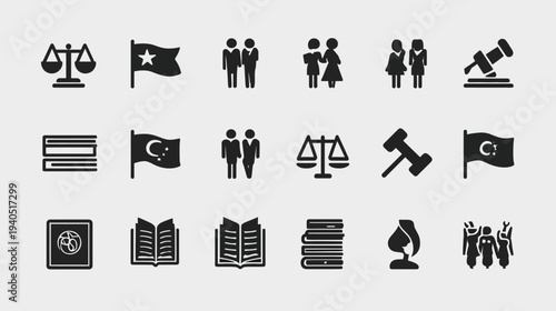 Modern collection of essential flat icons representing law, justice, relationships, education, and national symbols.
