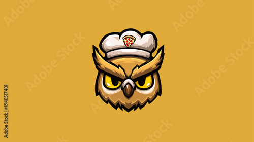 Cartoon owl chef head wearing a baker's hat with a pizza slice emblem, mascot design for pizzeria or food service business logo.
