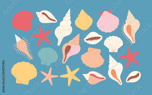 Assorted seashells and starfishes scattered on blue background