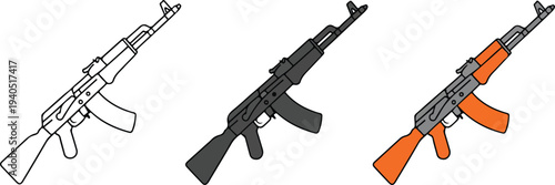 Minimal assault rifle icon set with outline dark gray and orange variations modern firearm illustration isolated on white