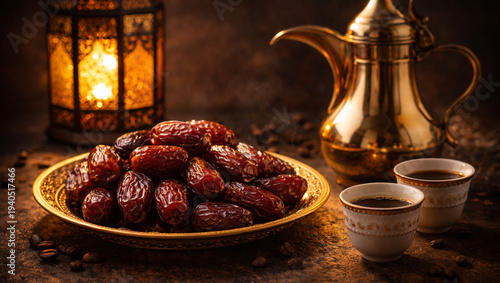 Bild auf Leinwand Premium Medjool Dates with Arabic Coffee and Ramadan Lantern – Traditional Middl