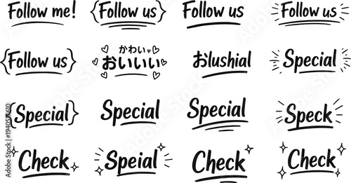 Hand drawn brush lettering set, follow us, follow me, special, check text, social media marketing call to action, sketch vector illustration